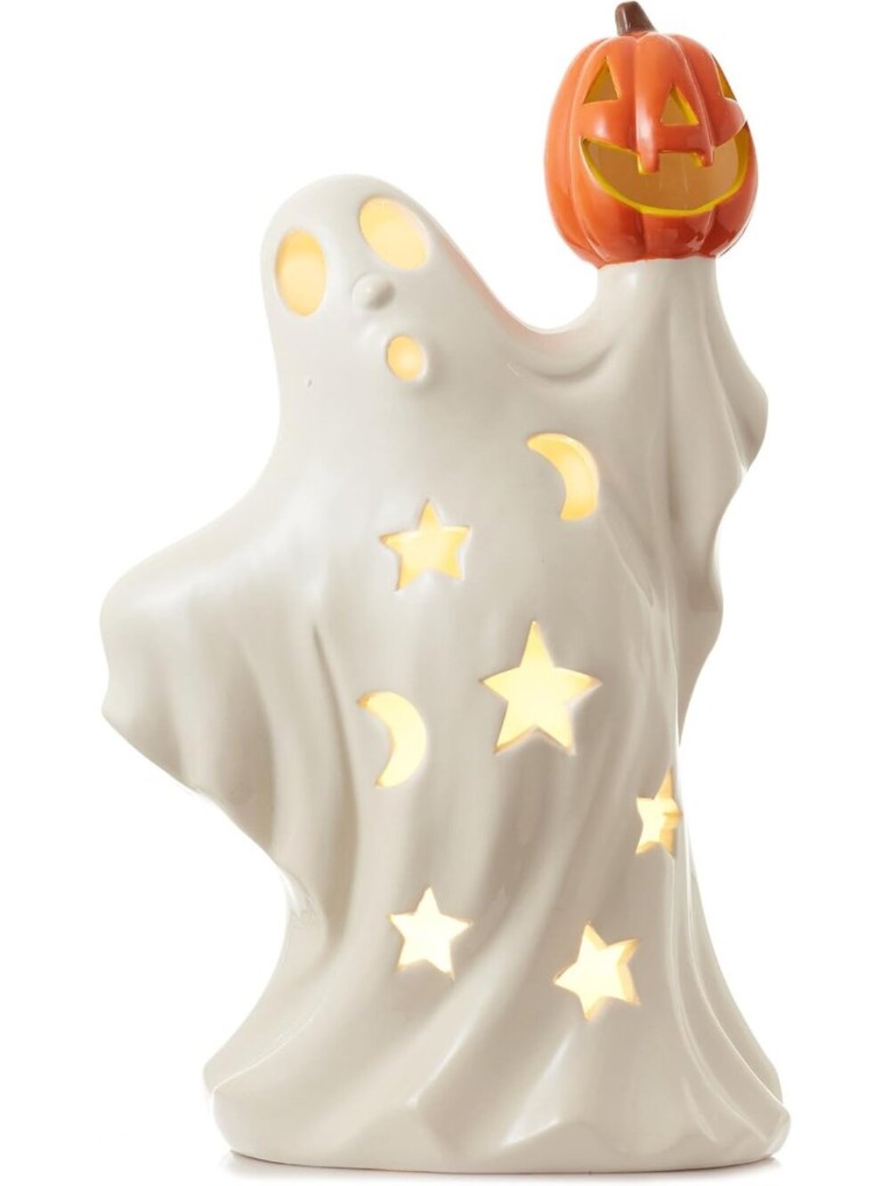 Casafield Pre-Lit Ceramic Halloween Ghost Holding Jack-o’-Lantern, Hand-Painted